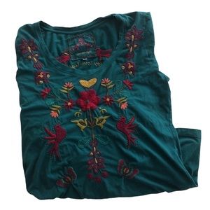 Johnny Was Joy Love Light Embroidered Long Sleeve Tee Shirt Floral Bird